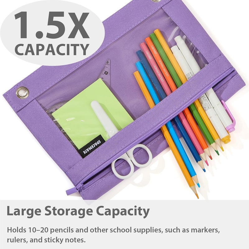 SPACEMATE Binder Pencil Pouch Case Box Bag for 3 Ring Binder School Supplies Girls Boys Kids, Clear Preppy Stuff Large Aesthetic Pen Organizer, Back to College Stationary, 1 Pack, Purple - Image 2